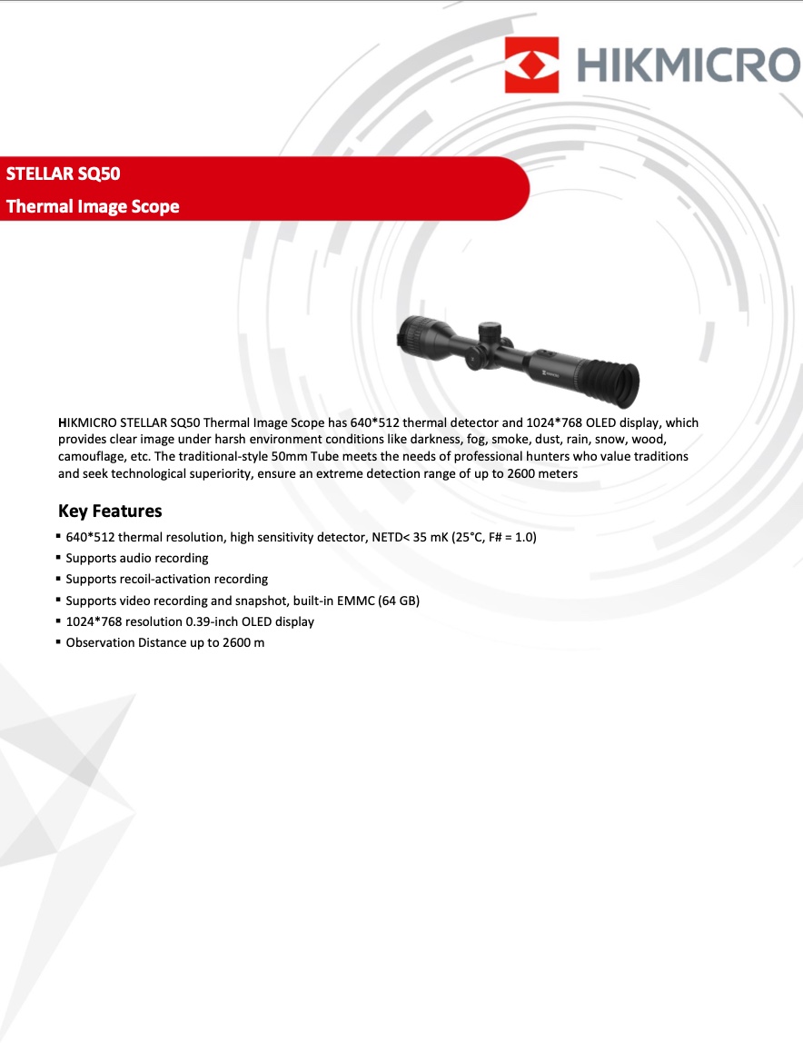 HIKMICRO SCOPE STELLAR THERMAL TR36 SQ SERIES LENS 50mm